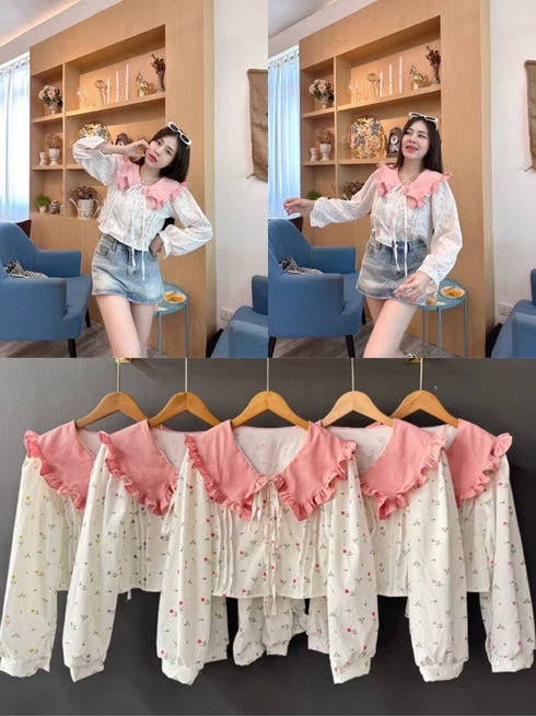 Peter Pan Collar Lantern Sleeves Floral Print Crop Tops